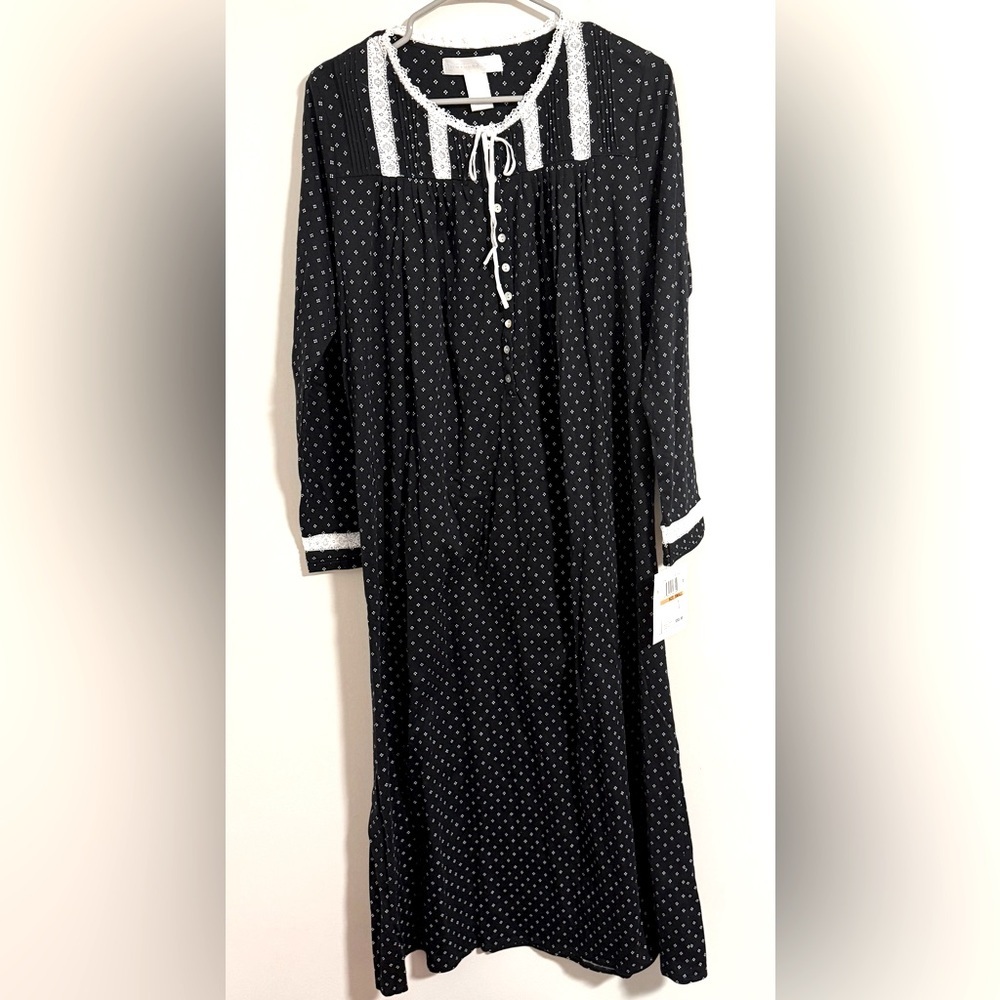 NWT Eileen west 100% cotton maxi long sleeve black geo dot nightgown pj